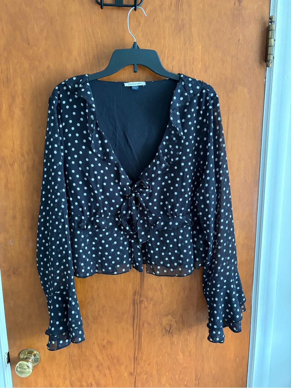Black Polka Dot Tie-Front Long Sleeve Blouse American Eagle